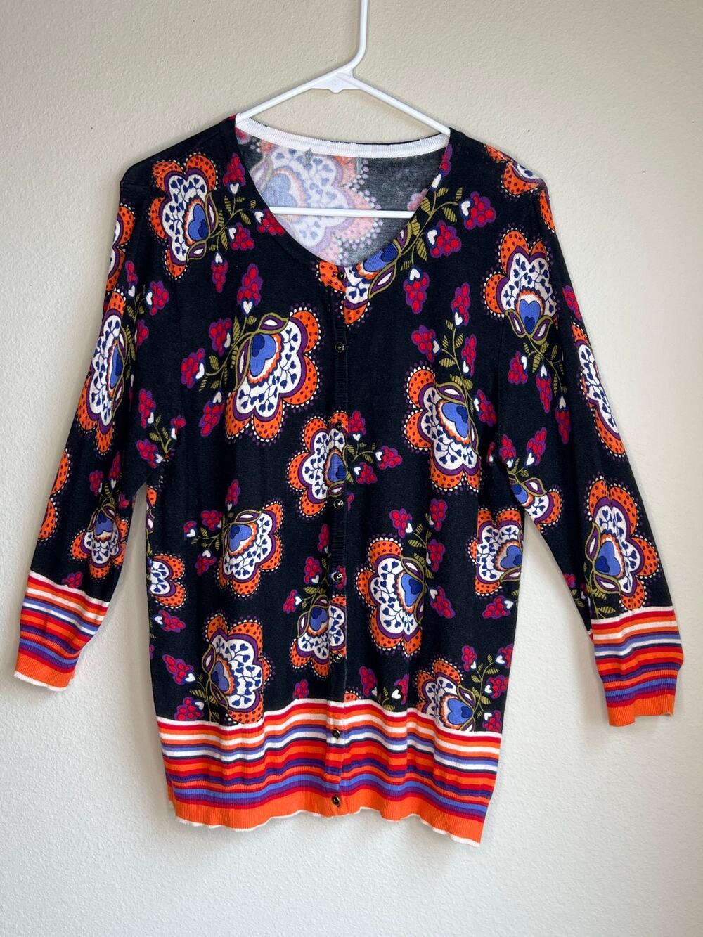 Joseph A Black Floral Paisley Striped Button Front Cardigan Sweater Size Large